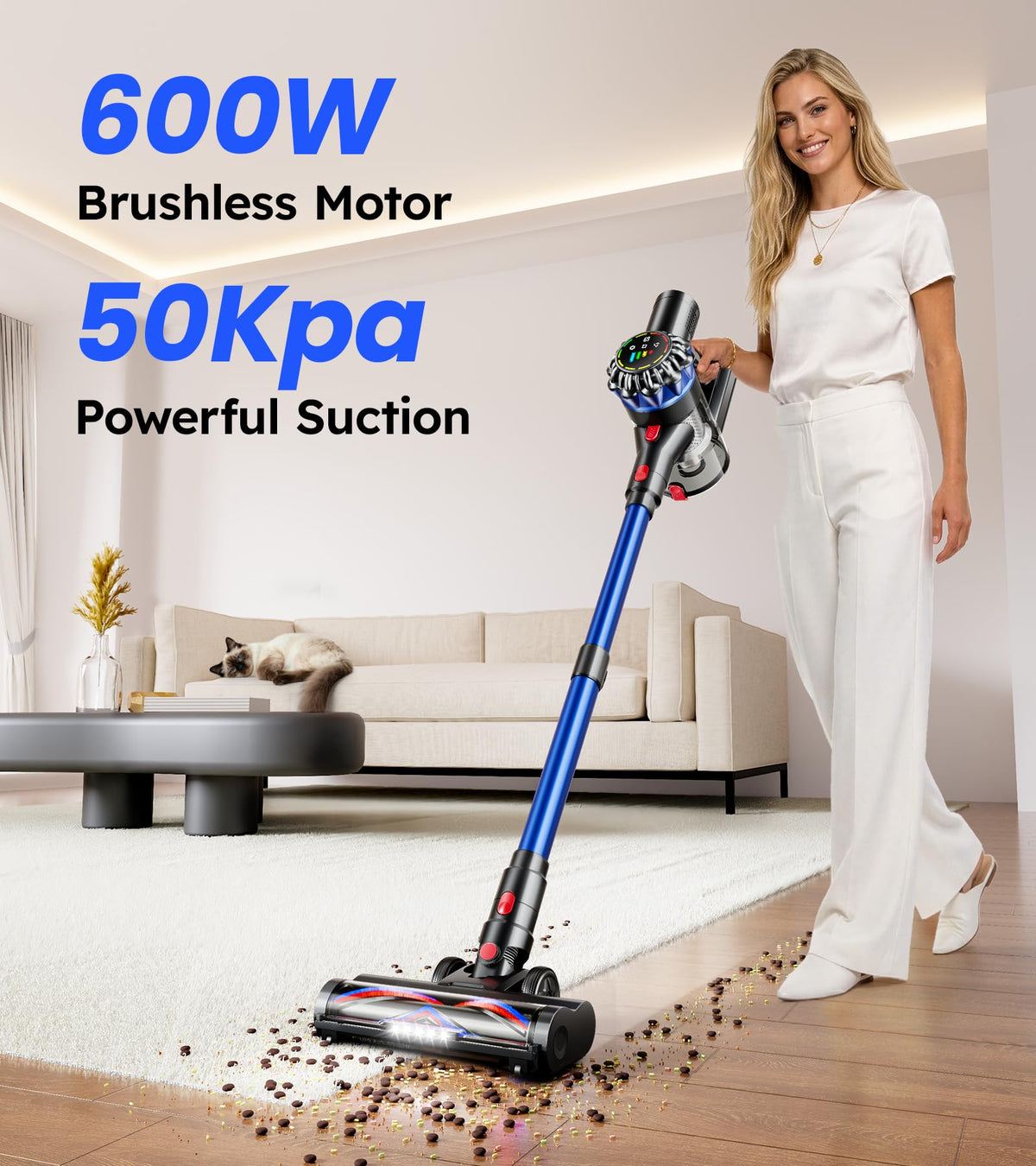 HFFLH Cordless Vacuum Cleaner, 600W 50Kpa 65Mins Cordless Stick Vacuum with Self-Standing, Touch Screen, Anti-Tangle Wireless Vacuum, Vacuum Cleaners for Home/Pet Hair/Carpets/Hardwood Floor