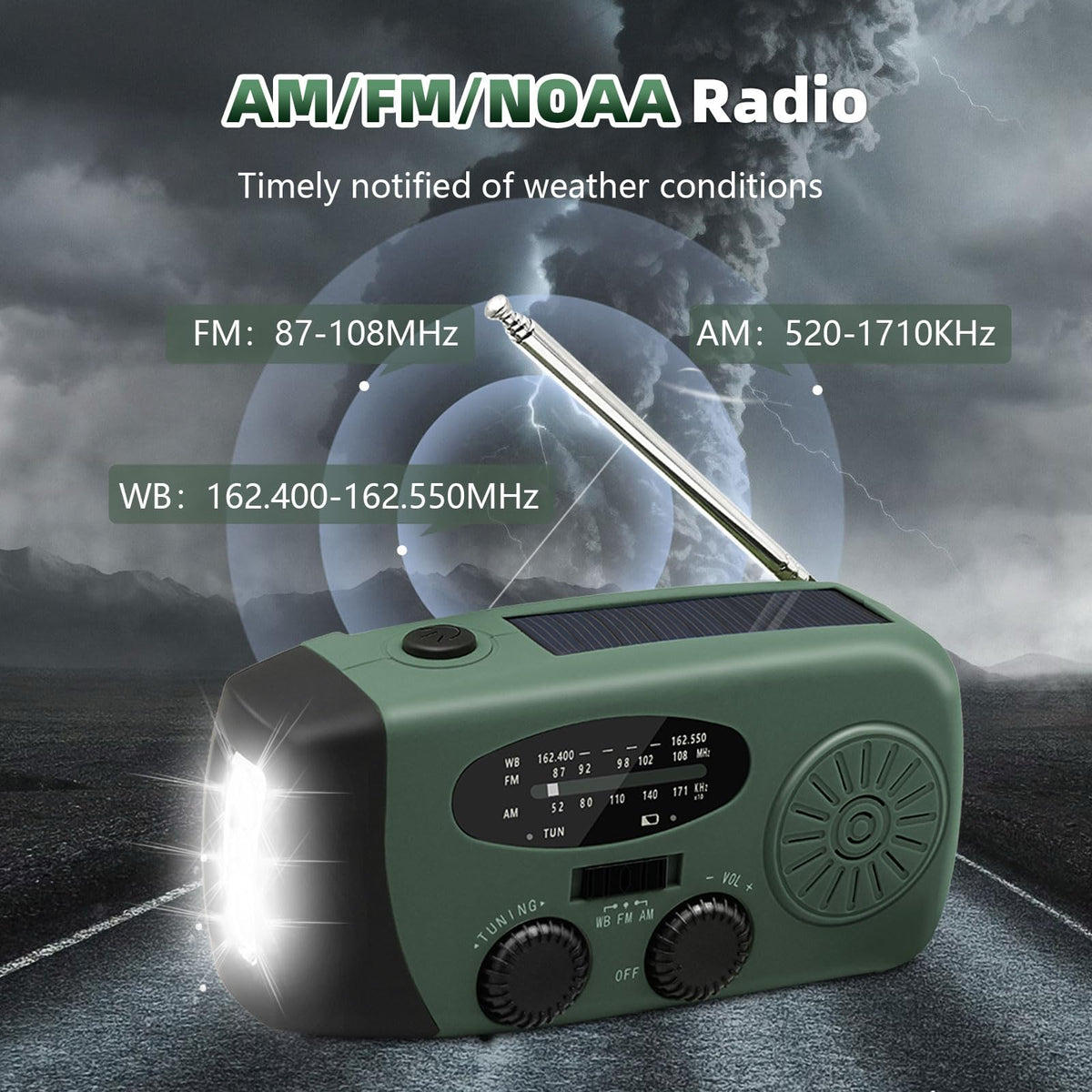 WVL 7400mWh Emergency Weather Radio, Portable Solar Hand Crank Radio AM/FM/NOAA, with 3 Mode Flashlight & Reading Lamp, Cell Phone Charger and SOS Siren(Navy Green)