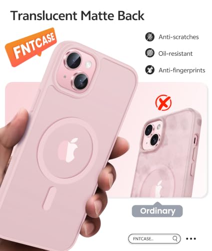 FNTCASE for iPhone 15/14/13 Case, Fit for Magsafe, Glass Screen Protector | Translucent Matte, Magnetic Phone Cases, 14FT Military Grade Drop Protection, Slim Shockproof Protective Cover, Light Pink