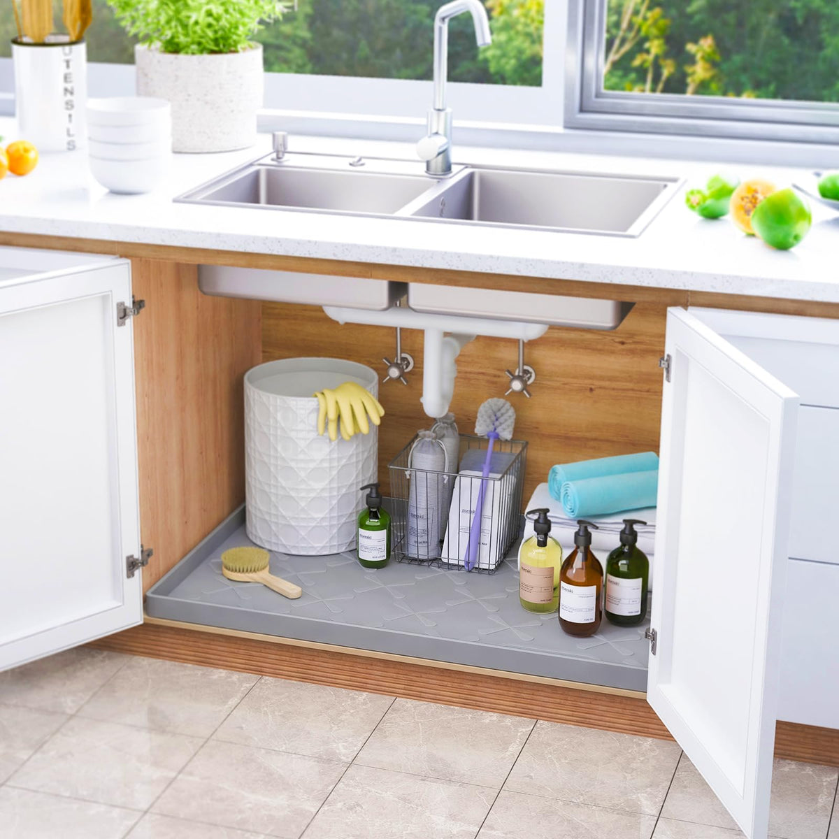 SIKADEER Waterproof Under Sink Mat 34" x 22", Silicone Mat Kitchen liner | BPA-Free Silicone Tray with Raised Lip Protect Cabinets from Leaks, Versatile Home Organizer for Bathroom, Pets, Boots, Floor