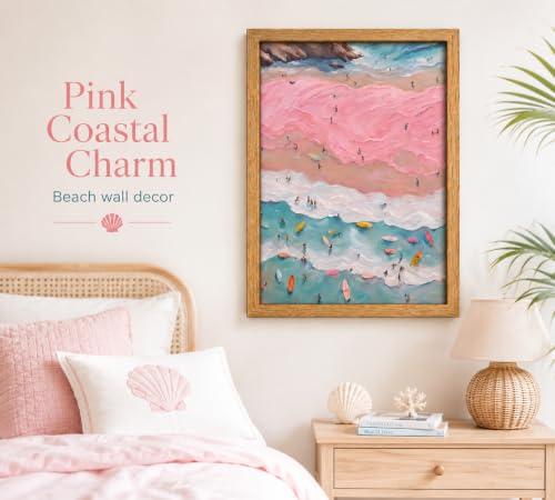 Framed Pink Coastal Canvas Wall Art,Girl Beach Surfers Picture Wall Decor | Summer Poster Print Artwork,for Bedroom Bathroom Girls Room Home Decoration 12x16 inch