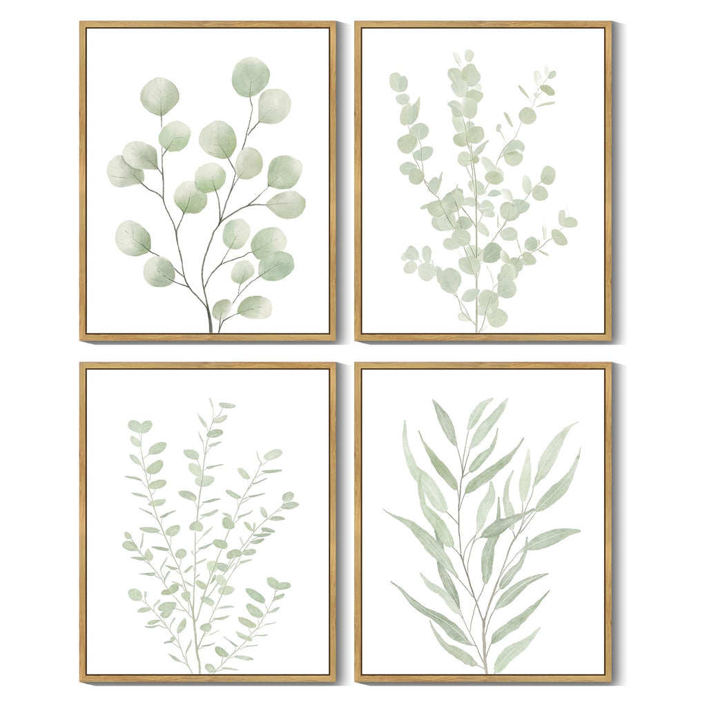 Drsoum Botanical Plant Framed Wall Art Boho Wall Decor for Bathroom Sage Green Eucalyptus Leaf Prints Minimalist Aesthetic Ready to Hang Set of 4, 8x10 in (Natural Framed)