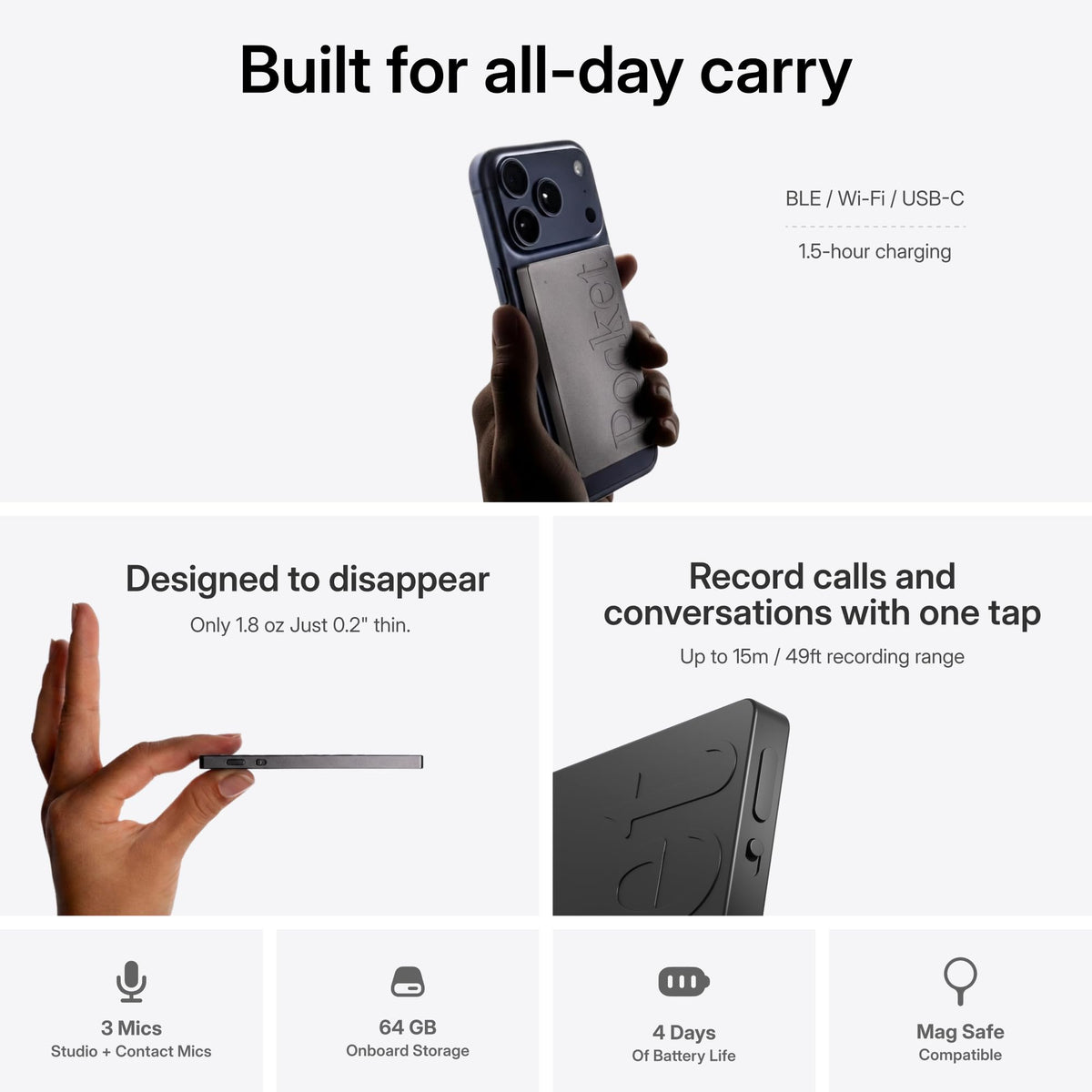 Pocket AI Voice Recorder, Auto Transcription, AI Note Taker, Space Grey | Recording Device, Action Items, Mind Maps, Ask Pocket, 4-Day Battery, MagSafe, iOS & Android