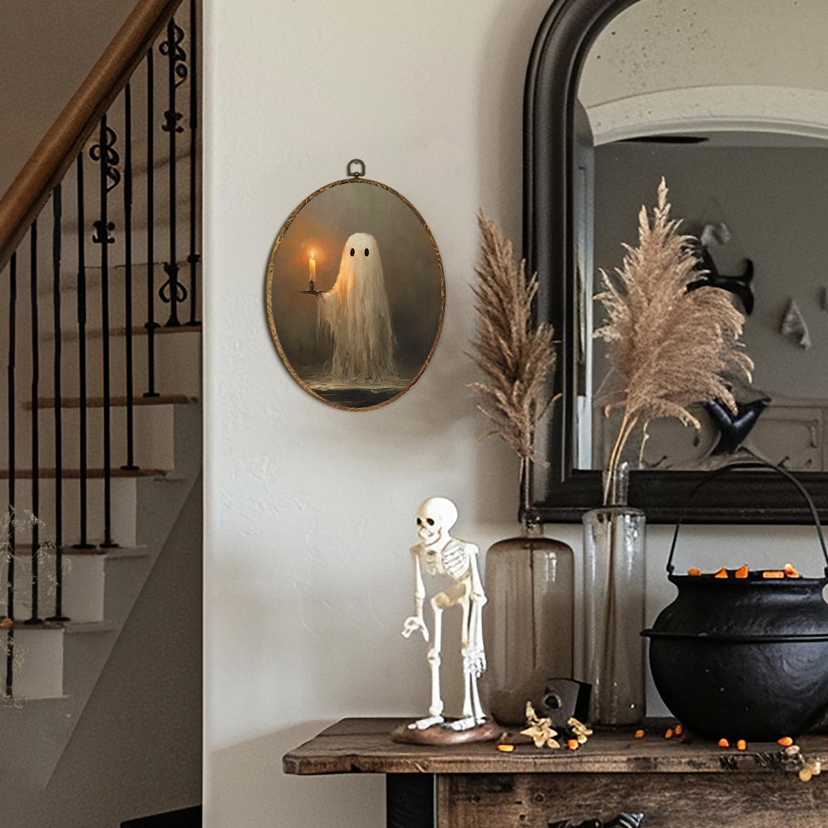 Yorhifa Halloween Ghost Framed Wall Art, Dark Academia Ghost Holding Candle Oval Wall Art, Spooky Halloween Oval Walls Decor, Vintage Gothic Canvas Artwork Hanging Decor, 8.5x11.5in