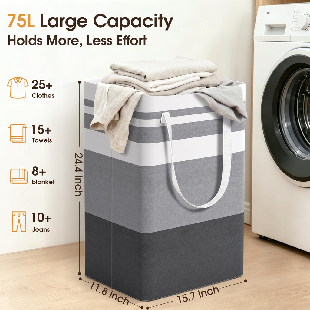 HomeHacks 2 Pack Large Laundry Baskets, Laundry Hampers Bags (Grey 75Lx2) | Waterproof, Freestanding, Collapsible Clothes Hamper with Reinforced Handles in Laundry Room, Dorm, Bathroom, Bedroom