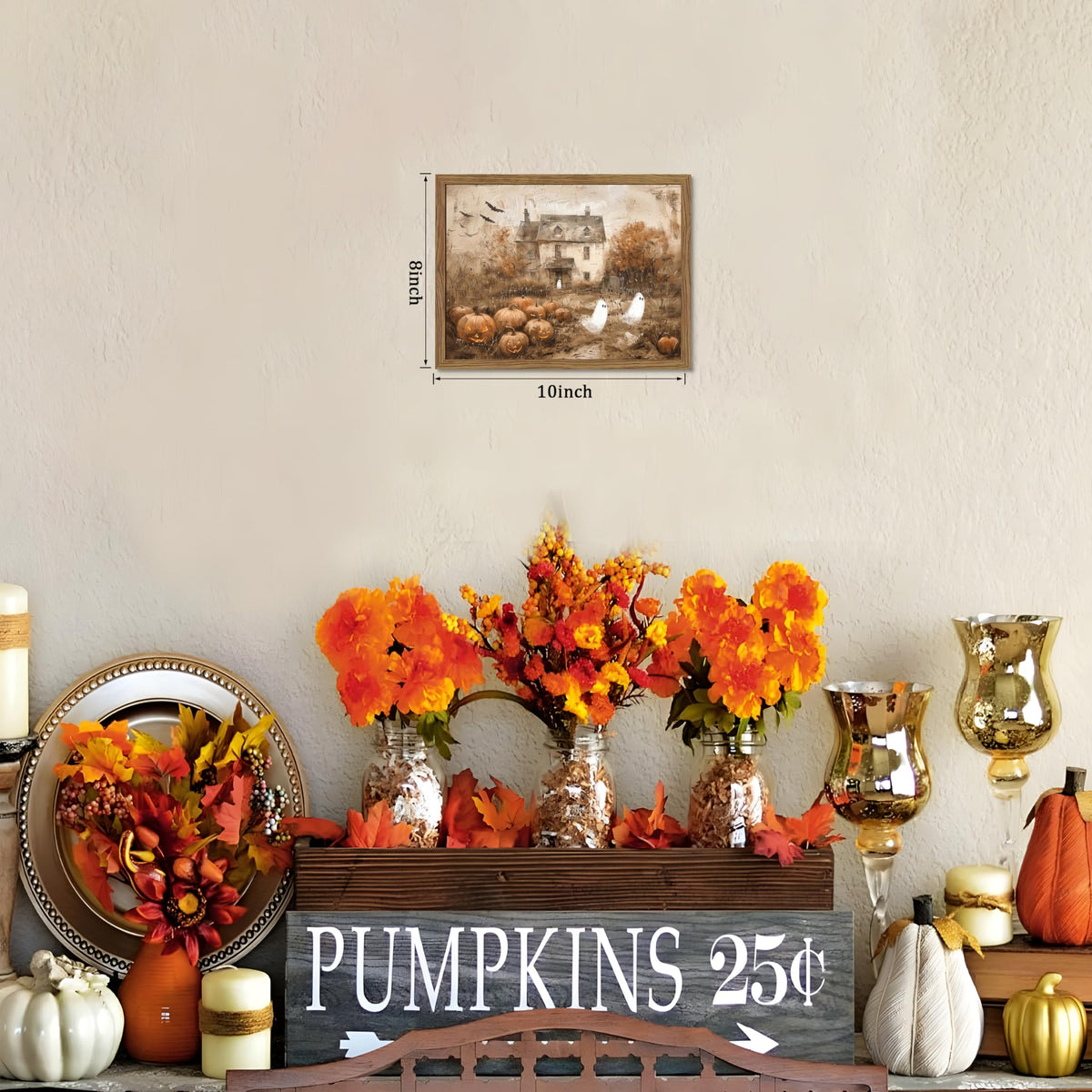 Framed Vintage Halloween Ghost Wall Art - Cute Ghost Pumpkin Canvas Print, Gothic Dark Academia Spooky Fall Wall Decor, Haunted House Artwork for Living Room Bedroom, 8x10 inch Wood Frame