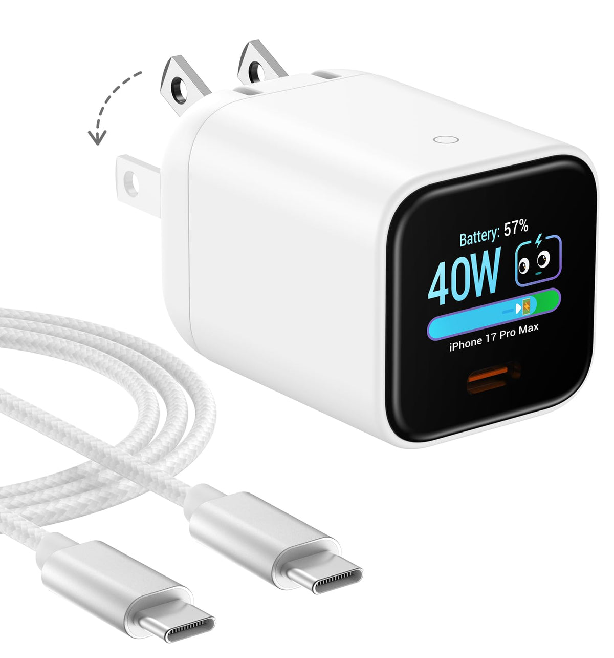 Smart Charging Butler–45W GaN Display Fast Charger with 6.6ft C-to-C Cable | Fast Charging,Active Cooling,90° Foldable Plug,Power Display,Device Recognition,Care Mode,for iPhone 18 Pro Max/17/16,eBook