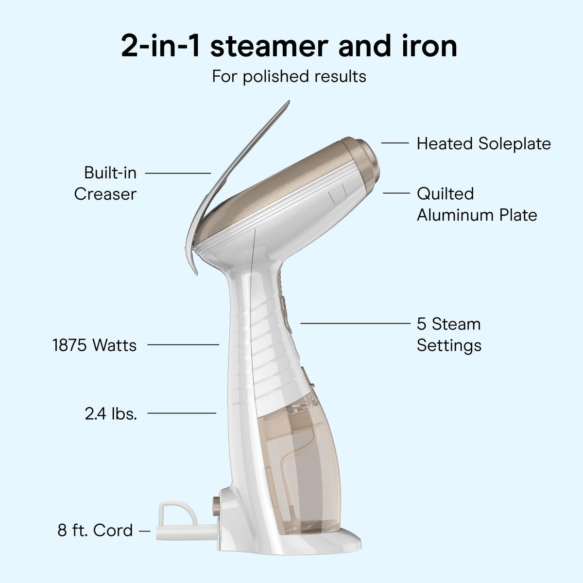 Conair Steamer for Clothes & Upholstery, Handheld, 3 Attachments, White | Powerful 1875W clothes steamer with 7.3 oz. water tank and 5 steam settings heats up in 40 seconds and runs for 20 minutes