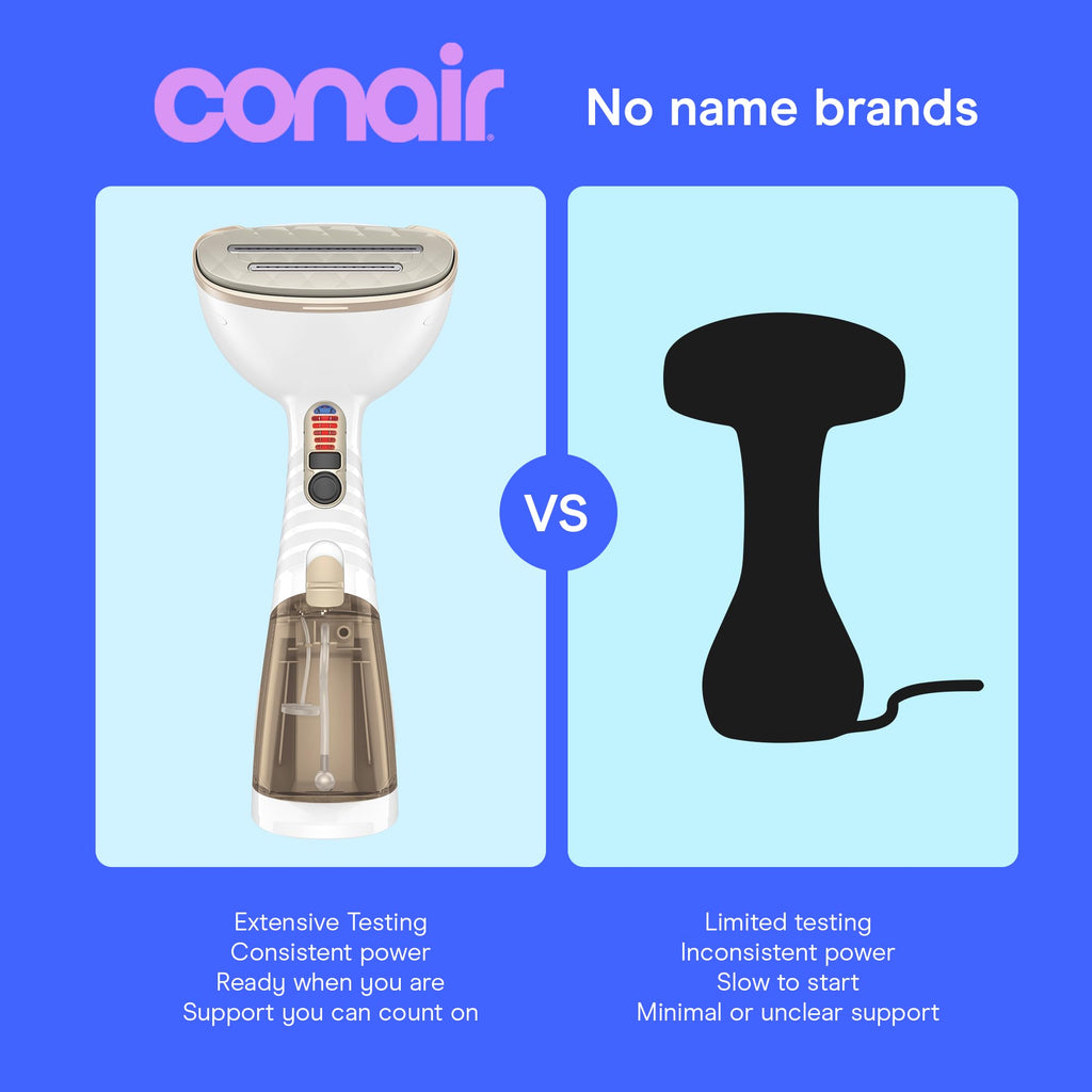 Conair Steamer for Clothes & Upholstery, Handheld, 3 Attachments, White | Powerful 1875W clothes steamer with 7.3 oz. water tank and 5 steam settings heats up in 40 seconds and runs for 20 minutes