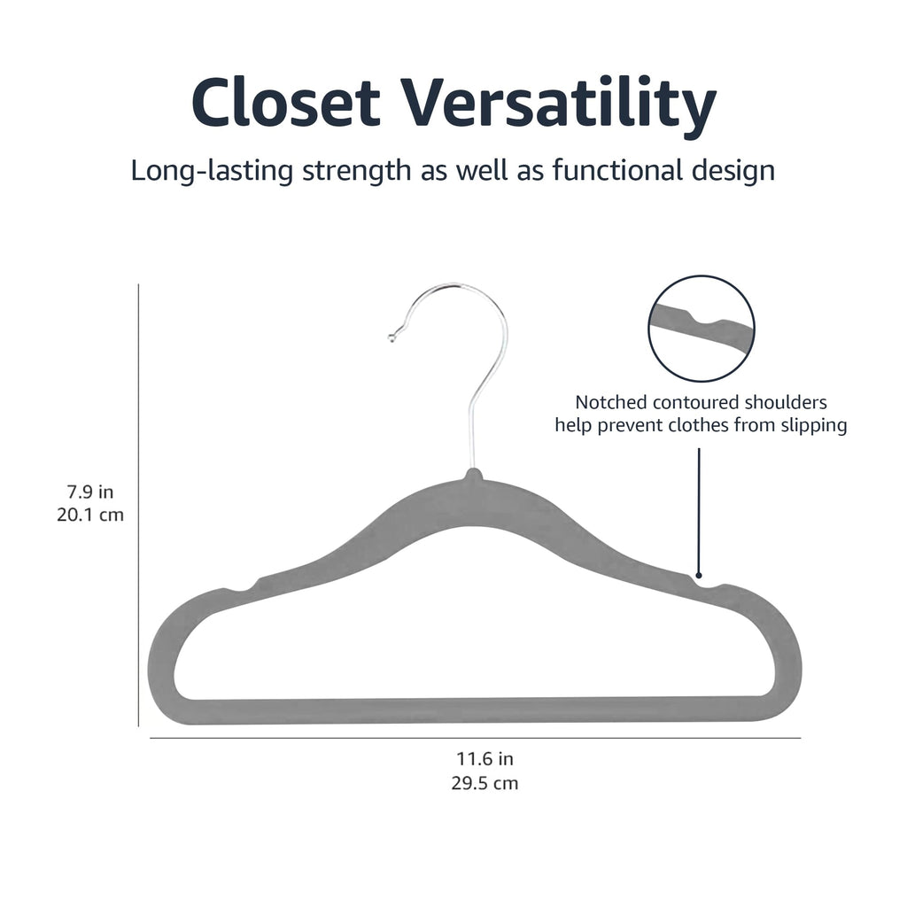 Amazon Basics Kids Velvet Non-Slip Space Saving Clothes Hangers with Shoulder Notches, Sturdy Closet Organizer for Baby/Toddler, 11.6", Gray, 30-Pack