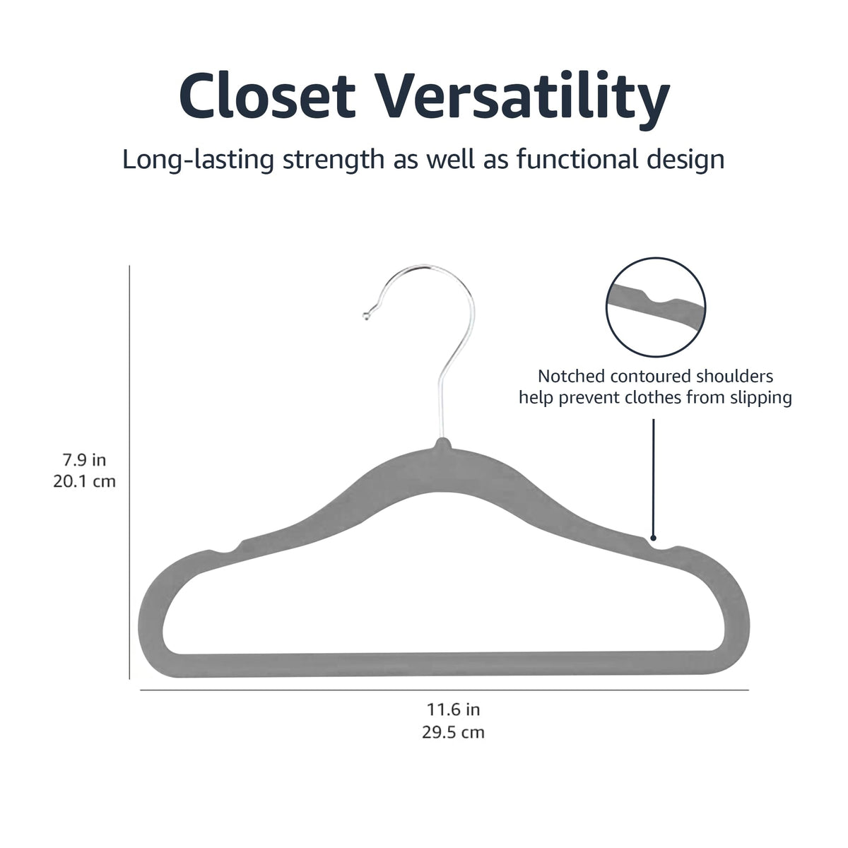 Amazon Basics Kids Velvet Non-Slip Space Saving Clothes Hangers with Shoulder Notches, Sturdy Closet Organizer for Baby/Toddler, 11.6", Gray, 30-Pack