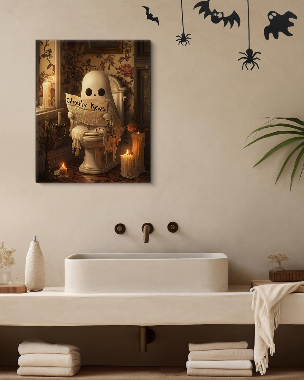 Funny Ghost Halloween Bathroom Wall Art Gothic Canvas Print Poster Framed | Ghost Toilet Poster Picture Halloween Bathroom Wall Decor for Home Restroom 8x10 Inch Framed