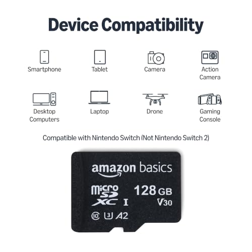 Amazon Basics microSDXC Memory Card with Full Size Adapter, A2, U3, Read Speed up to 100 MB/s, 128GB, Black