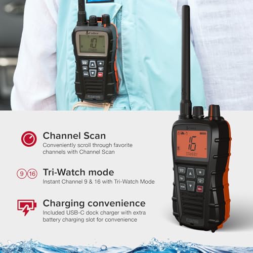 Cobra BlueBound 350 VHF Handheld Marine Radio, Black – 6-Watt, Floats | Long Range, NOAA Weather Alerts, International Functionality, IPX7 Waterproof, USB-C, Submersible, LCD Screen, Belt Clip