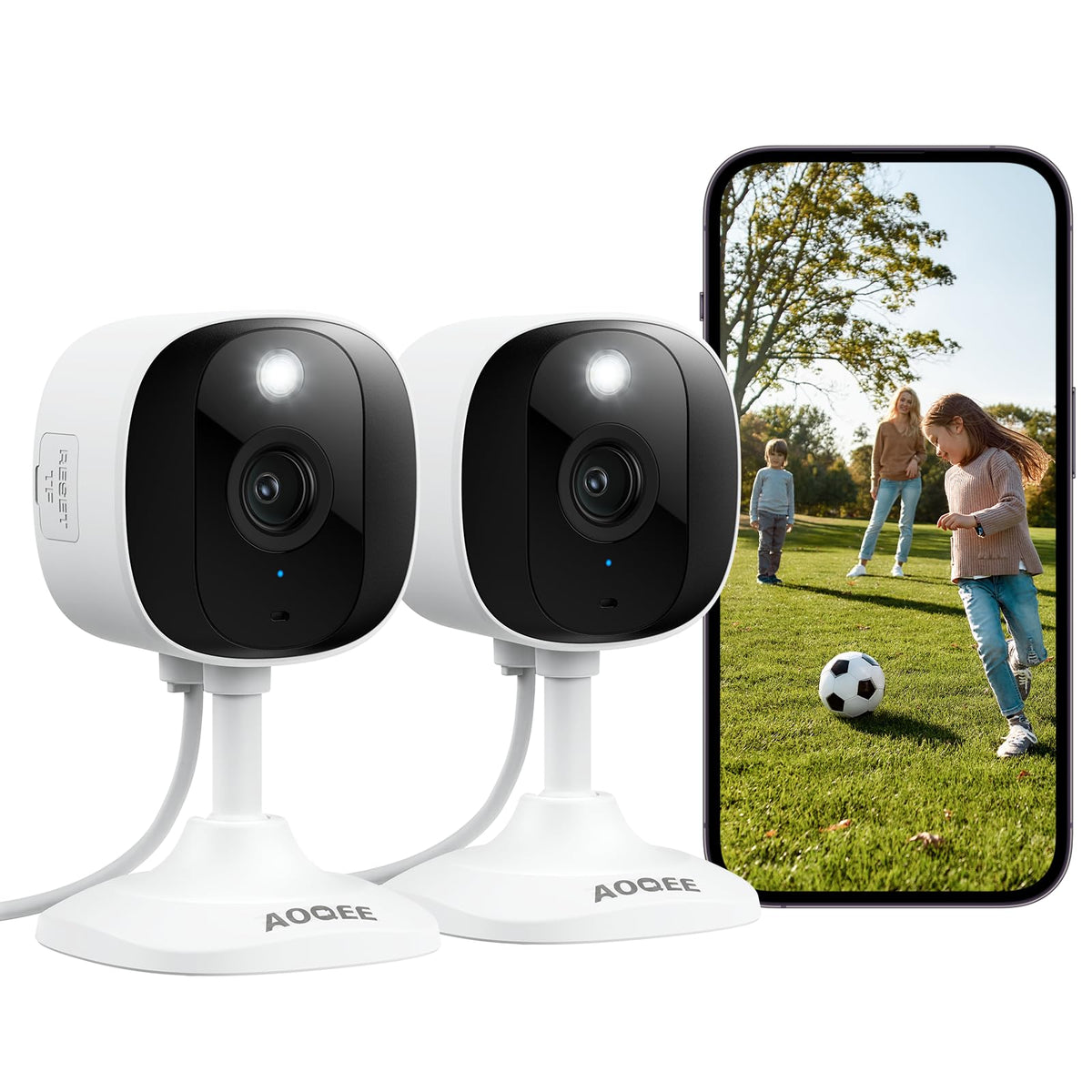 AOQEE 2K Cameras for Home Security, Indoor/Outdoor, Full Color, C1 2Pack | 2.4G Wired Outdoor/Indoor Camera for Dog/Cat/Pet/Baby, Color Night Vision, Home Security with White Light, 24/7 TF Recording