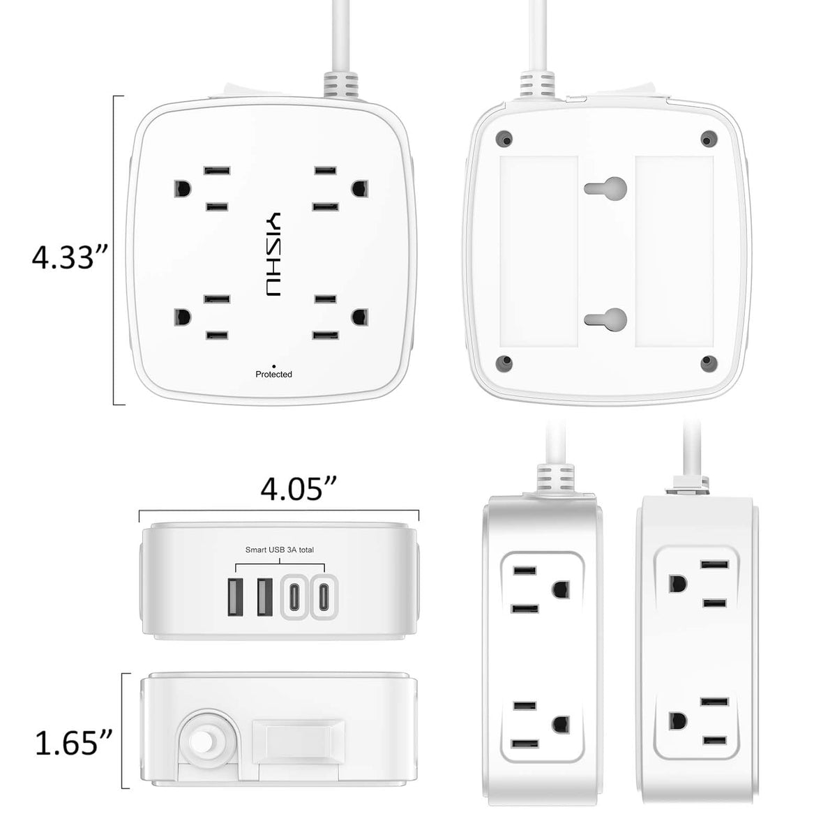 YISHU 6Ft Surge Protector Power Strip with 8 Widely Outlets & 4 USB Ports | 3 Side Outlet Extender with 6 Feet Extension Cord, Flat Plug, for Home, Office, College Dorm Room Essentials