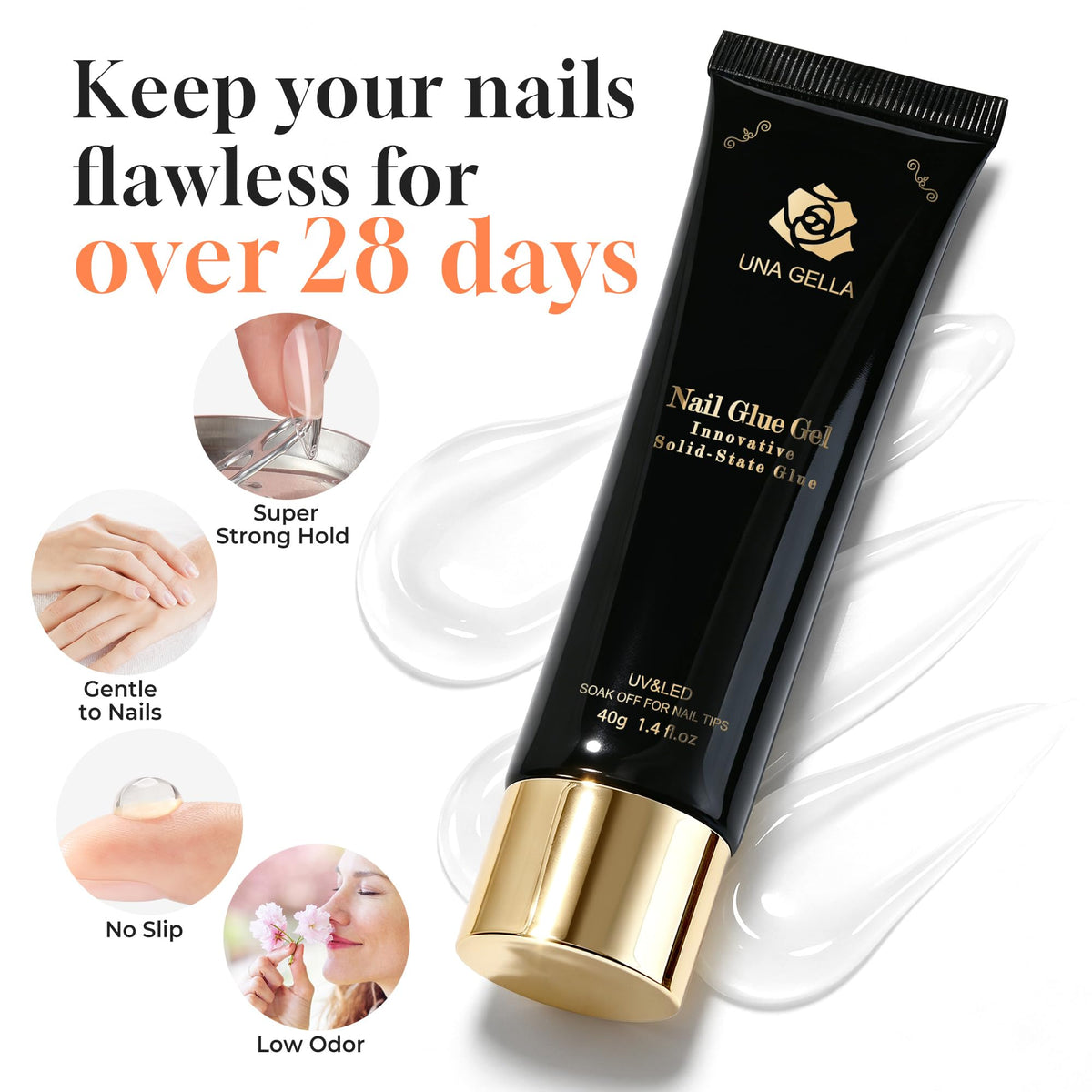 UNA GELLA Gel Nail Glue, Solid Nails Gl ue Gel 40g Lamp Curing Needed Soak Off G LUE Strong Nail G LUE G el for Acrylic Fake Nails Tips Extension Press On Nails for Gelly Tips
