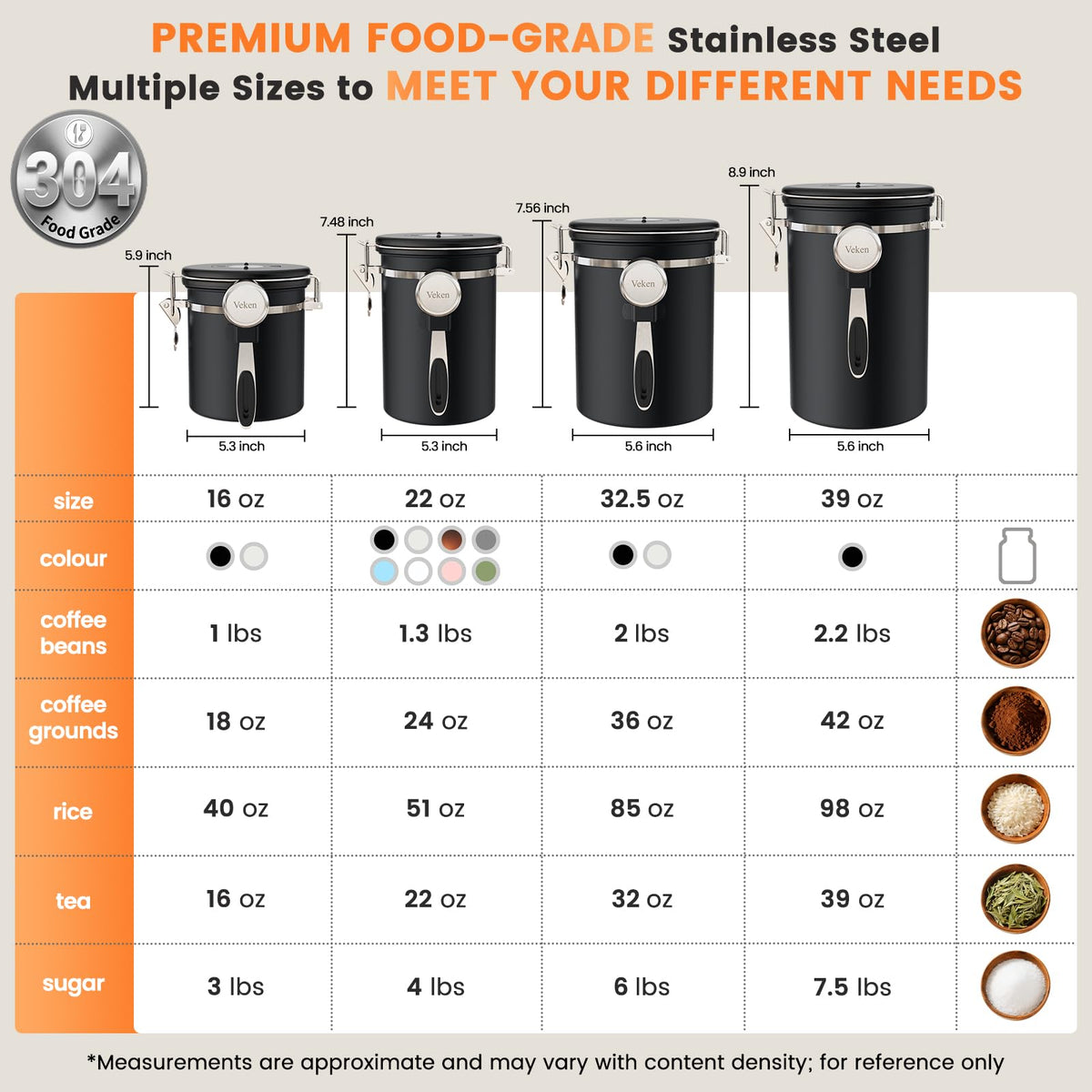 Veken Coffee Canister with Window, Airtight Stainless Steel Container, 22OZ | Kitchen Food Storage Pantry Organizers for Beans,Ground,Espresso,Rice,Tea,Sugar,Bar Accessories,Gifts,Lids,Jars, Scoop, Black