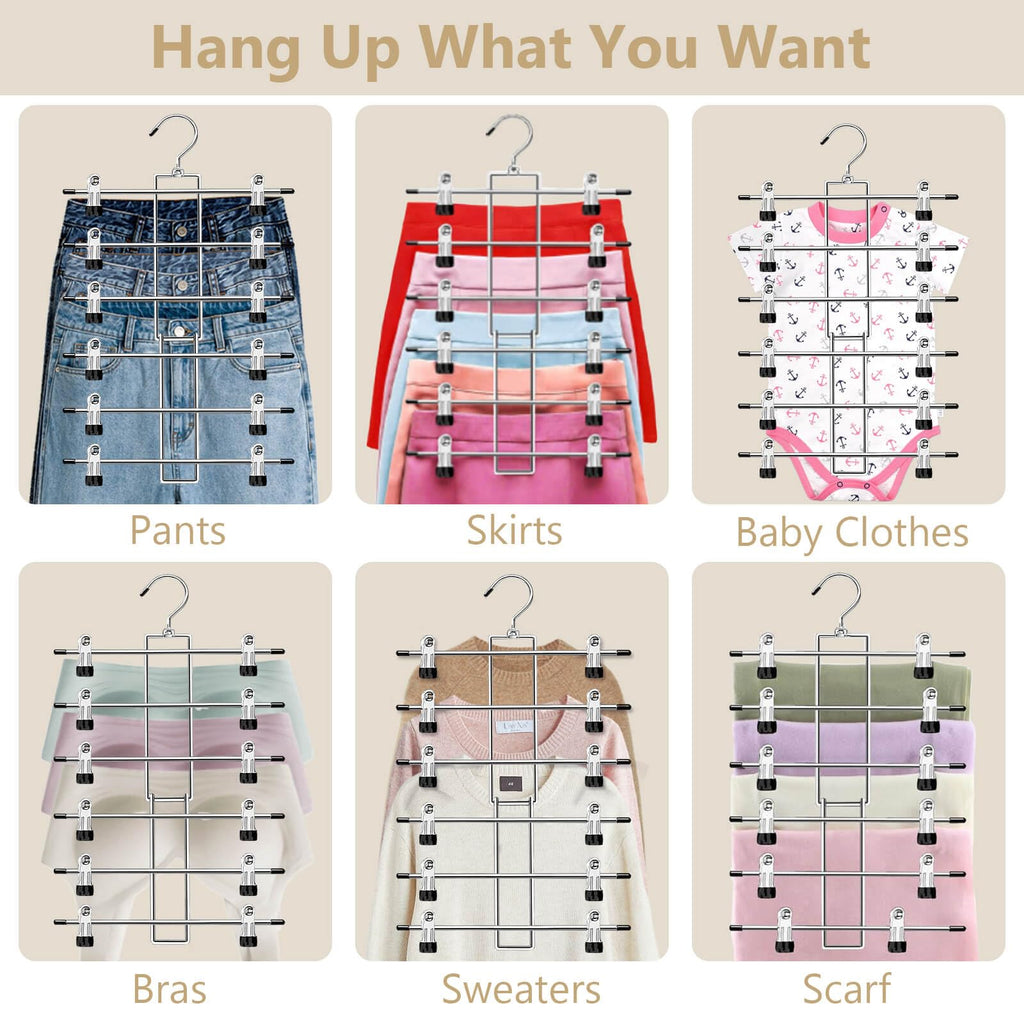 Pants Hangers with Clips,Space Saving Hanging Closet Organizer-6 Tiers Skirt Hangers with 360° Swivel Hook,Closet Organizer-Clothes Hangers- College Dorm Essentials Apartment Essentials-2 Pack