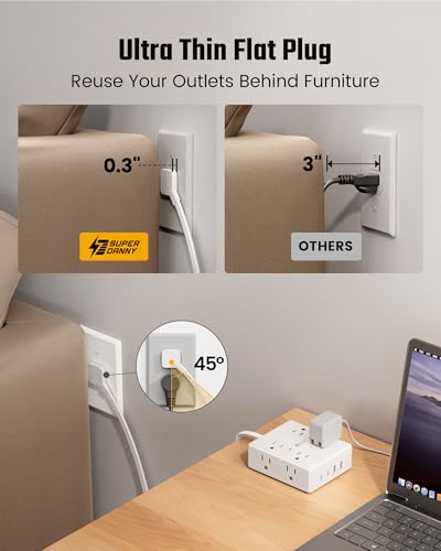 SUPERDANNY Extension Cord,Flat Plug Surge Protector Power Strip,10Ft | 8 AC & 4 USB Ports (2 USB C),Surge Protector with 1050J,Desk Charging Station for Home Office,College Dorm Room Essentials