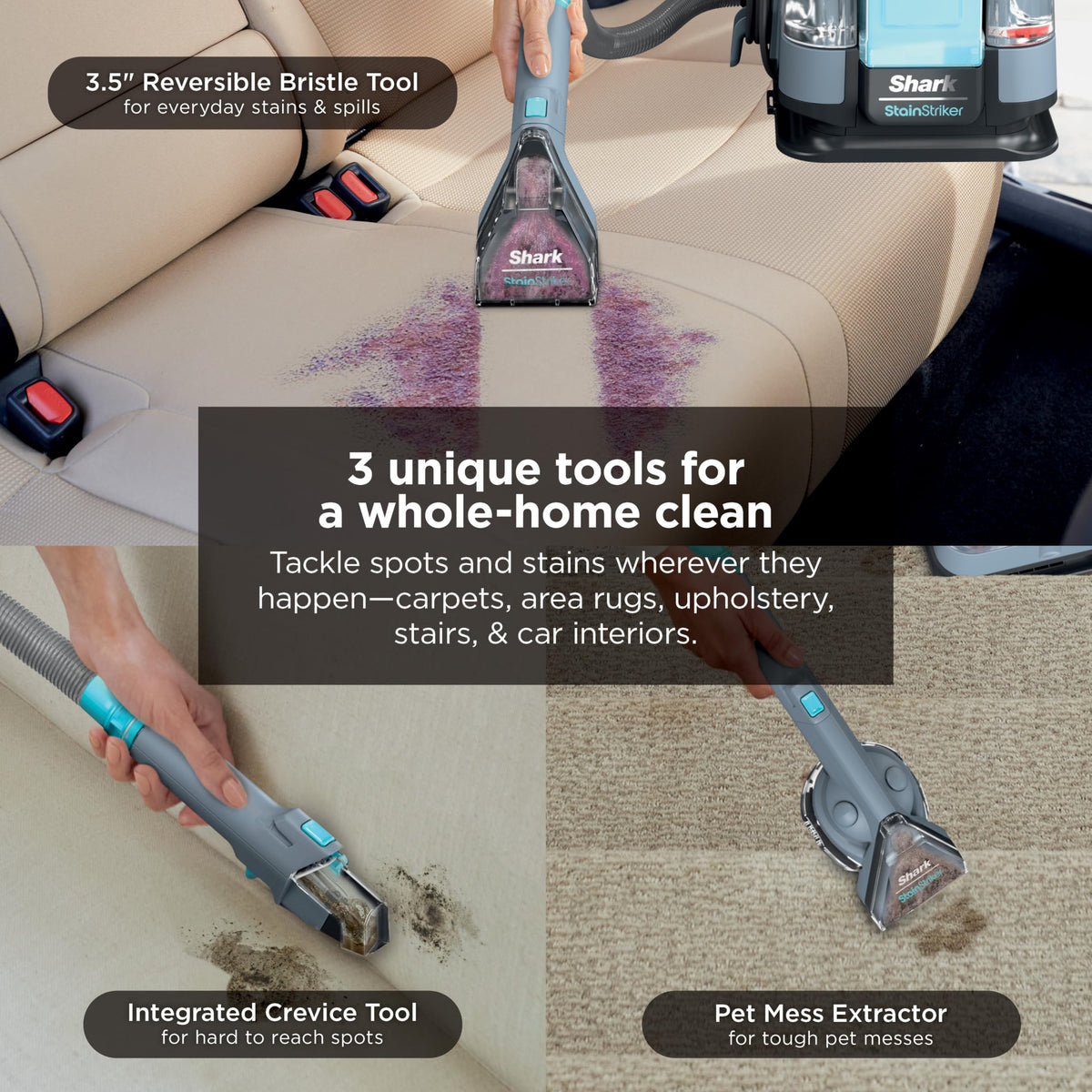 Shark StainStriker Portable Carpet/Upholstery Cleaner, 4 Tools, PX202BRN | For Carpet, Upholstery & Area Rugs, Stain & Odor Remover, Full Size Solutions, 3.5" Stain, 7" Stain, Crevice & Pet Mess Tools