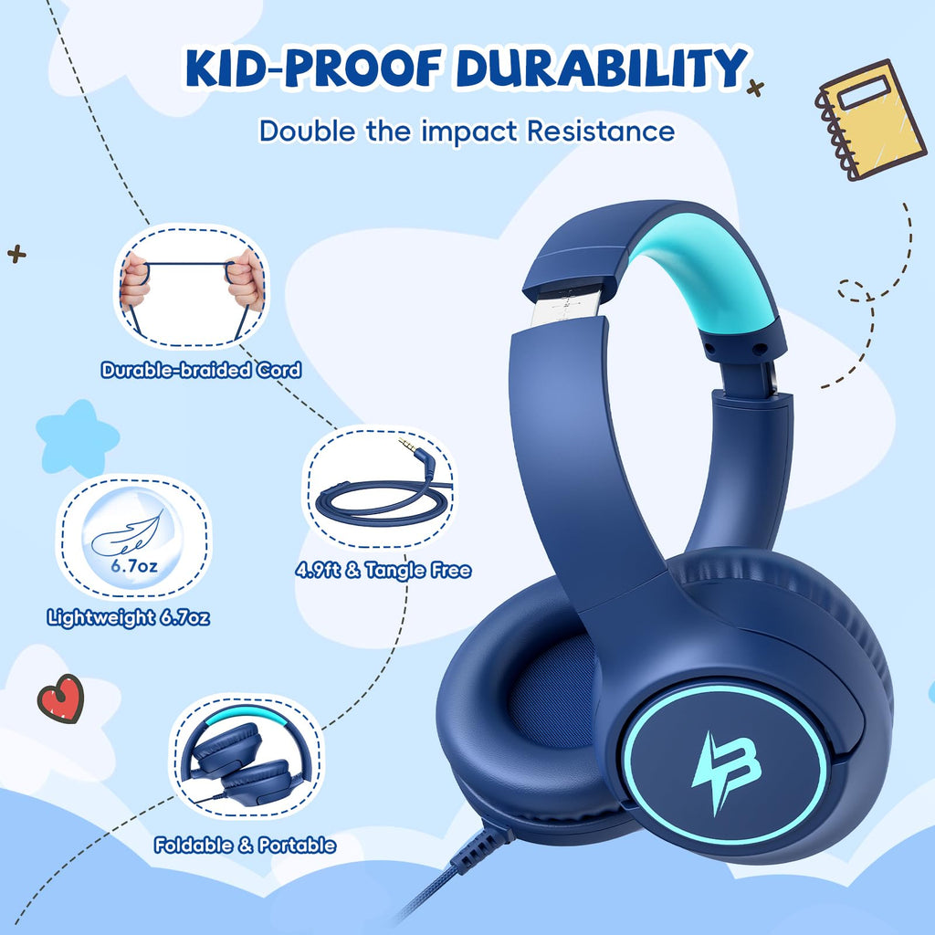 Kids Headphones Wired for School, 3.5mm Safe Volume Limited with Mic, Navy | Plug in Kid headphones with Cord, Over Ear Foldable, 85/94dB for Toddler Boy Girl Classroom Chromebook Tablet Airplane Travel
