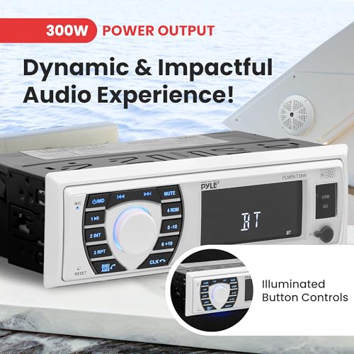 Pyle Marine Radio Receiver Speaker Set 12v Single Din Style Bluetooth Compatible Waterproof Digital Boat In Dash Console System with Mic 4 Speakers, Remote Control, Wiring Harness PLMRKT38W (White)