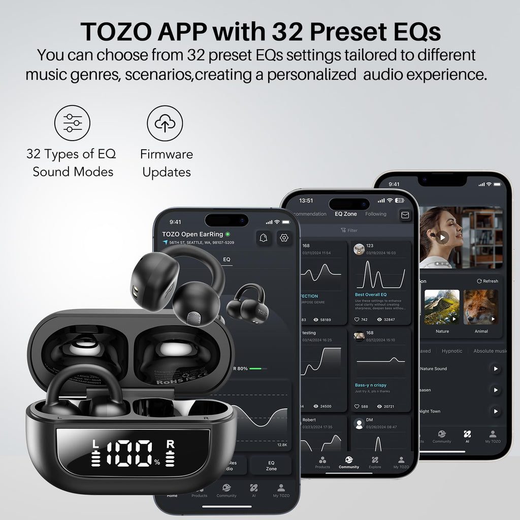 TOZO OpenEarRing Open Ear Earbuds 40H Bluetooth 5.4 Lightweight Comfort | Open Ear Clip On Wireless Earbuds with Smart Digital LED Display, Stable Connection, Secure Fit for Driving Workout Black