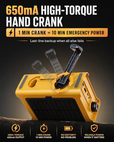 Emergency Radio with Hand Crank & Solar, NOAA Weather Band, AM/FM, 12000mAh | 8500mm² Solar Panel, Clear AM/FM Reception, 5W Flashlight & Reading Light, 120dB SOS, Phone Charging for Hurricanes & Outages