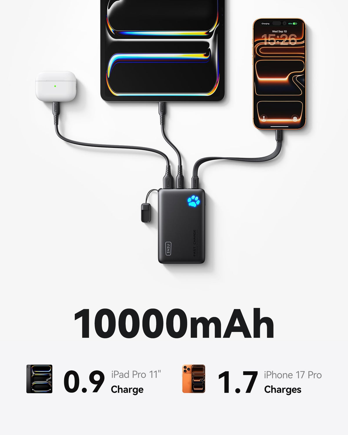 INIU 10000mAh 45W Fast Charging Portable Charger, Smaller Travel Power Bank | Flight-Safe, Detachable USB C Cable, Travel Essential, External Battery Phone Pack for iPhone 18 17 Samsung iPad etc