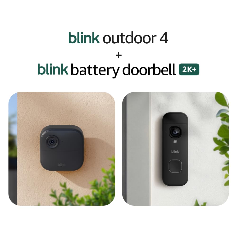 Blink Outdoor 4 and Battery Doorbell 2K+ (newest model) — Two-year battery 1080p cameras and 2K battery doorbell. Sync Module Core included — 5 Cameras + Doorbell (Black)