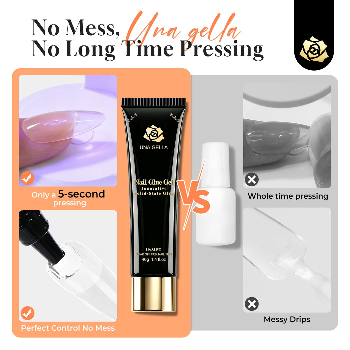 UNA GELLA Gel Nail Glue, Solid Nails Gl ue Gel 40g Lamp Curing Needed Soak Off G LUE Strong Nail G LUE G el for Acrylic Fake Nails Tips Extension Press On Nails for Gelly Tips