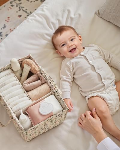 Blissful Diary Floral Diaper Caddy Organizer Storage Basket, Pastoral Daisy | Portable Storage Basket with Removable Dividers, Gift for Baby Shower, Newborn Boy & Girl Essentials, Baby Registry Must Have