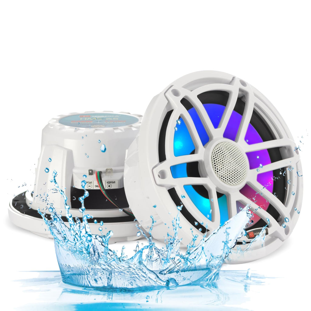 H YANKA HMS-65 6.5 Inch Marine Speakers, Waterproof, 750W, 7Color LED, Pair | 2‑Way marine‑grade coaxial speaker, IP67, salt‑UV resistant for durable long‑lasting use, for boats, utv, atv.