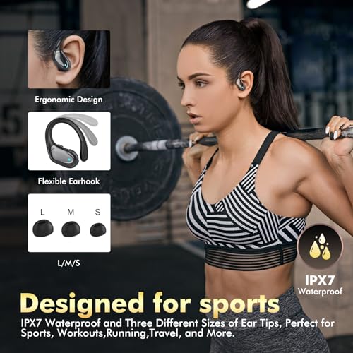 HAOYUYAN Wireless Earbuds, Sports Bluetooth Headphones, 80Hrs Playtime Ear Buds with LED Power Display, Noise Canceling Headset, IPX7 Waterproof Earphones for Workout/Running（Black）