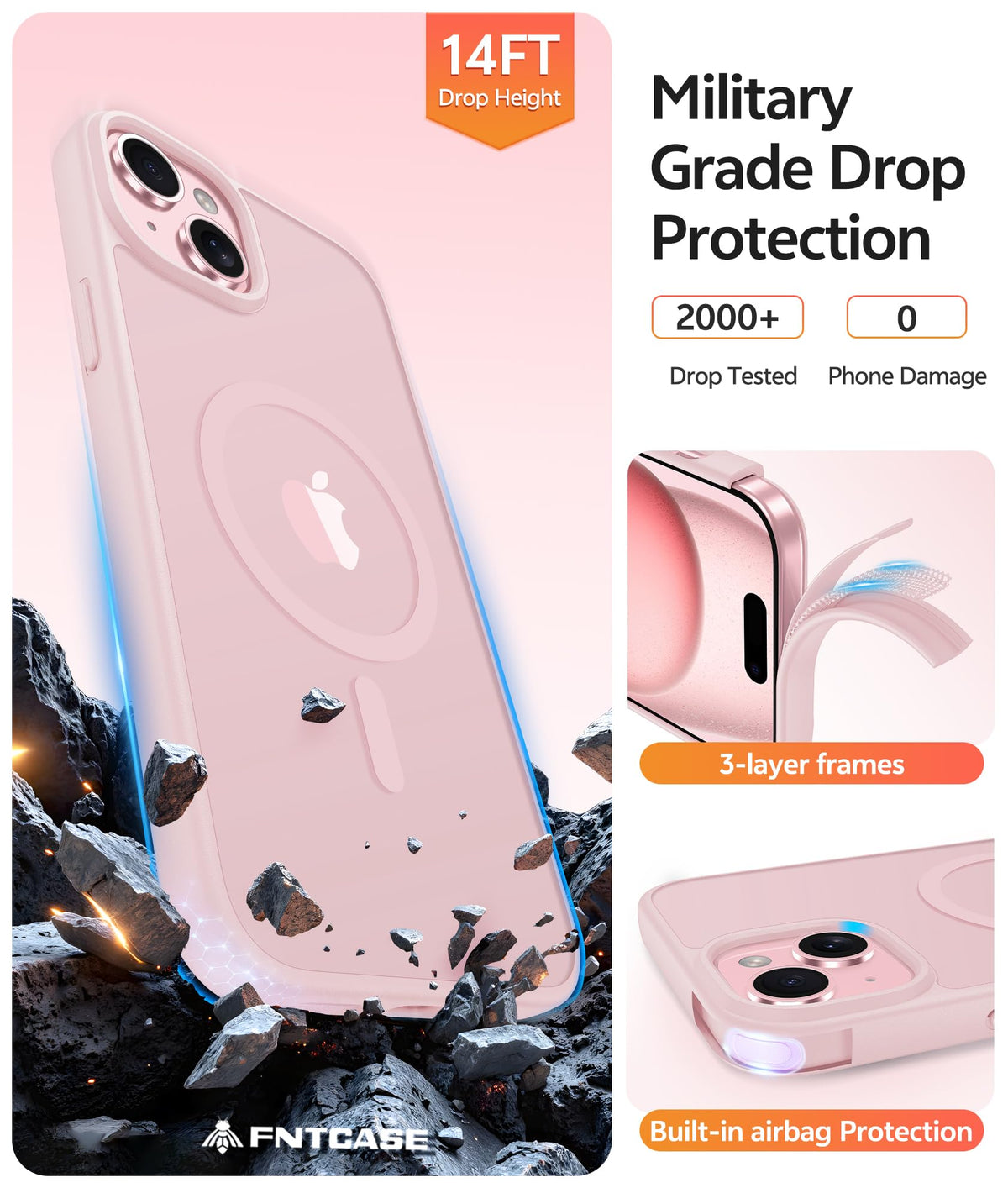 FNTCASE for iPhone 15/14/13 Case, Fit for Magsafe, Glass Screen Protector | Translucent Matte, Magnetic Phone Cases, 14FT Military Grade Drop Protection, Slim Shockproof Protective Cover, Light Pink
