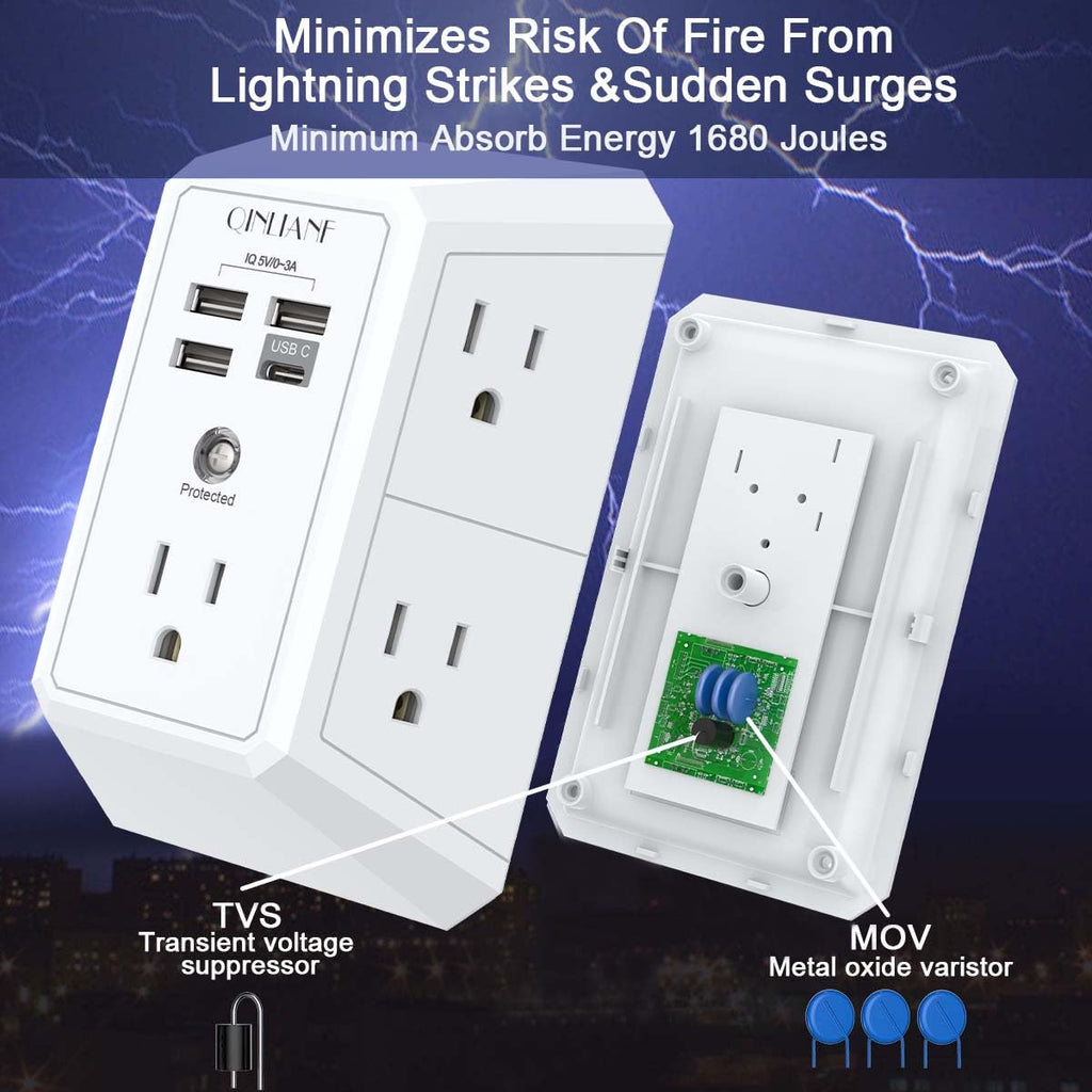 Wall Charger, Surge Protector, QINLIANF 5 Outlet Extender with 4 USB Ports | 1680 Joules, 3-Sided Power Strip, Multi Plug Wall Outlet Adapter Spaced for Home Travel Office, White