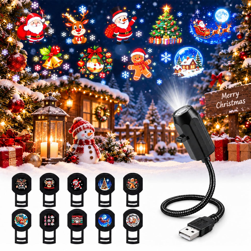 10 Pack Plug and Play HD Christmas Projector, 10 Festive Scenes, 360° Flexible Neck for Bedroom,Home Theater,Car