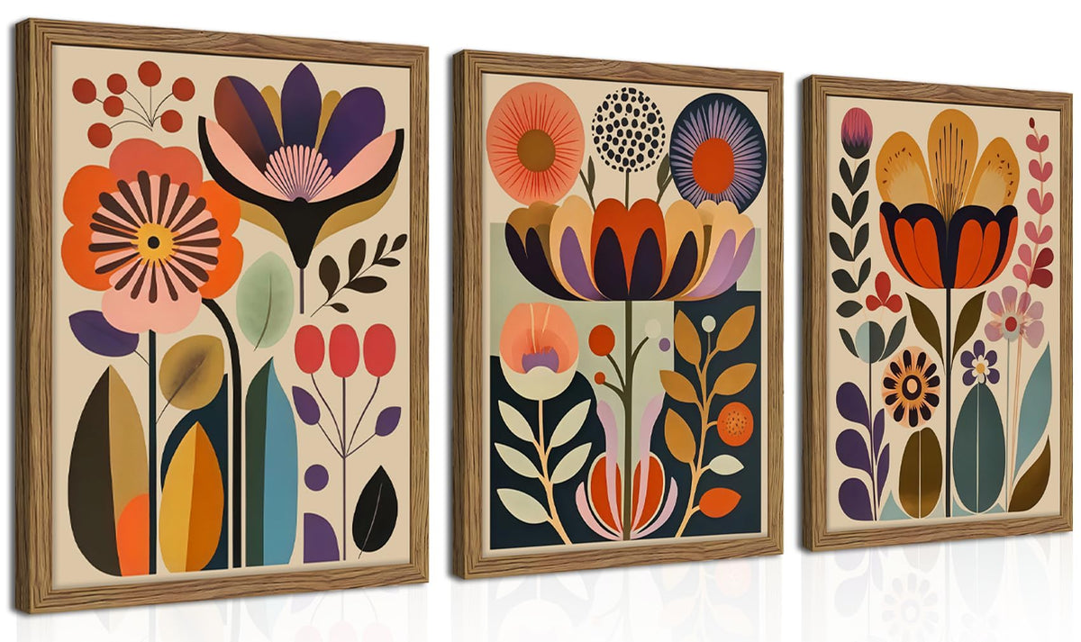 Framed Colorful Floral Wall Art Set of 3, Abstract Scandinavian Flower Canvas Wall Decor Paintings, Mid Century Modern Botanical Artwork Pictures Prints for Living Room Bedroom Dining Room 12x16 Inch