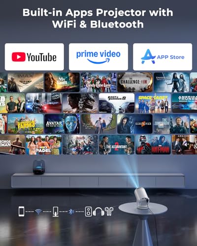 Mini Projector, Portable Projector with Wifi and Bluetooth, Built in Apps | Support 4K 1080P, 180° Rotation, Auto Keystone, Movie Projector Compatible With HDMI/USB/TV Stick/Smartphone/Laptop