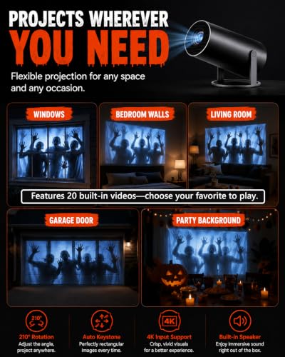 Scary Decorations Halloween Window Projector，black：With Effect fabric | Built-In Horror Videos, Scenes with Easy Setup, Wifi Streaming, Bluetooth Speaker, 210° Rotation & Auto Keystone Correction
