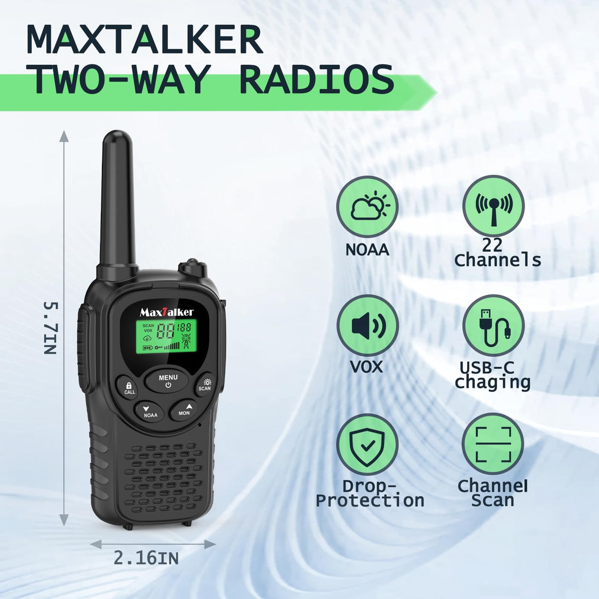 Walkie Talkies Long Range for Adults, Rechargeable FRS Two-Way Radio, 2Pack | NOAA weather alert. 1200mAh Li‑ion battery supports USB‑C charging. LED flashlight and VOX hands‑free function for Outdoors.
