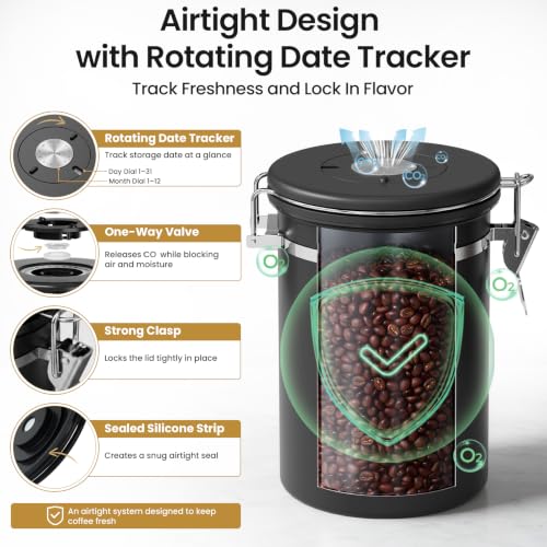 Veken Coffee Canister with Window, Airtight Stainless Steel Container, 22OZ | Kitchen Food Storage Pantry Organizers for Beans,Ground,Espresso,Rice,Tea,Sugar,Bar Accessories,Gifts,Lids,Jars, Scoop, Black