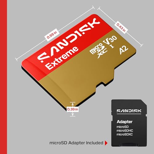 SANDISK 256B Extreme microSD Card + Adapter, Up to 245MB/s Read Speeds | UHS-I, V30, 5K & 4K UHD, U3, C10, A2, Up to 170MB/s Write Speeds, Ideal for Action Cams+Drones, Android- SDSQXH9-256G-GZ6MA