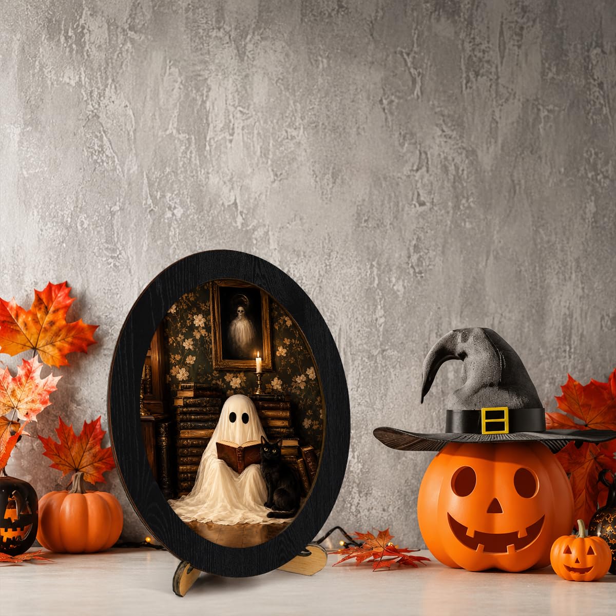 Framed Vintage Halloween Ghost Oval Wall Art, Ghost Reading Book Halloween Wall Decor, Ghosts Canvas Art Prints for Home Living Room Bedroom Office Entryway Gothic Decor