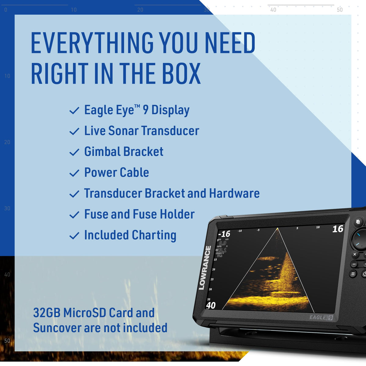 Lowrance Eagle Eye 9 Live Sonar Fish Finder with Preloaded C-MAP Charts | 9-inch IPS display, Live Forward, Live Down, CHIRP, FishReveal, included transducer