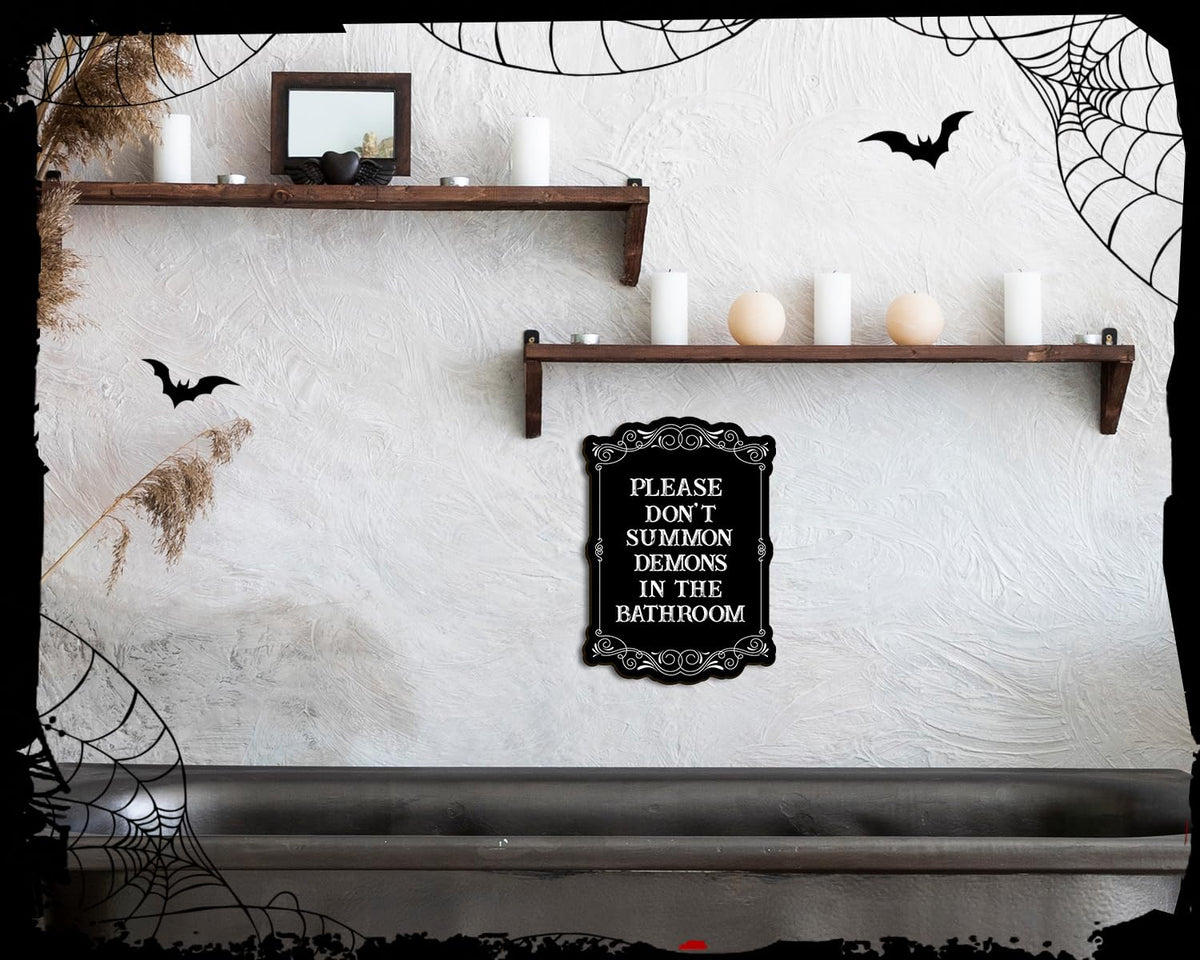 COLOR VALLEY ART Gothic Wall Art, Please Do Not Summon Demons In The Bathroom, Funny Gothic Decor Bathroom Wall Decor, Wooden Spooky Wall Hanging (B, 7x10 Inch)