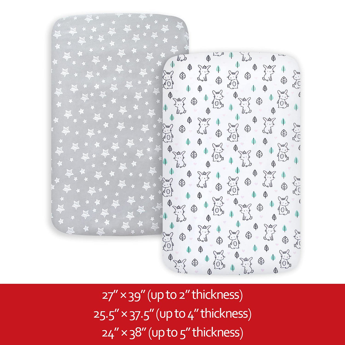 Pack and Play Sheets, 2 Pack Mini Crib Sheets, Stretchy Playard Fitted Sheet, Compatible with Graco Pack n Play, Soft and Breathable Material, Stars & Bunny