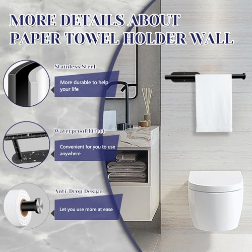 Black Paper Towel Holder, Self Adhesive Paper Towel Holder Under Cabinet | Stainless Steel, kitchen, Bathroom, Sink, Pantry, Fridge, durable, scratch-resistant, cling film, foil rolls, Drilling