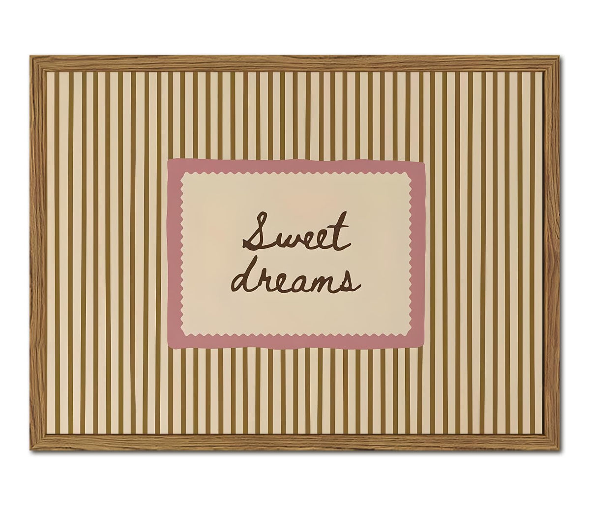 Sweet Dreams Wall Art Cute Coquette Girl Quote Wall Decor Vintage Striped Poster Canvas Print for Girls Living Room Dorm Apartment Above Bedroom 12x16 inch Wood Framed